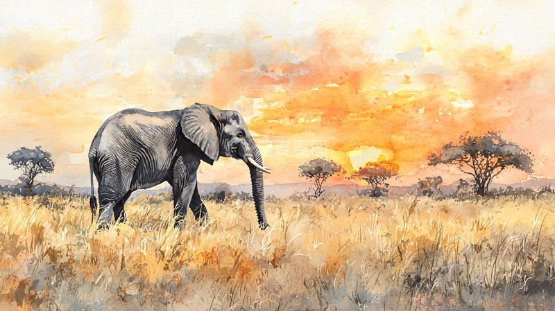 高清大图下载【趣麦麦图】水彩画非洲象日落