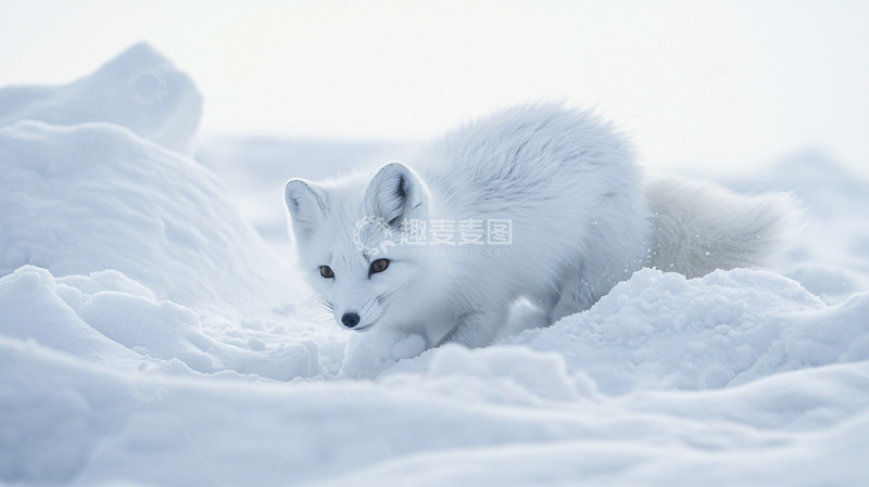 高清大图下载【趣麦麦图】雪地里的小白狐