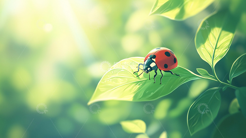 高清大图下载【趣麦麦图】阳光下绿叶上的瓢虫