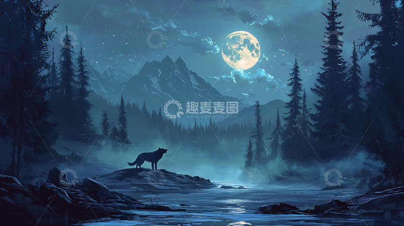 高清大图下载【趣麦麦图】月夜森林孤狼
