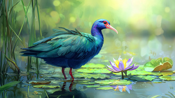 蓝紫色的水鸟在睡莲旁