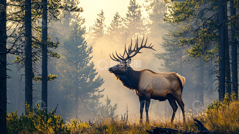 高清大图下载【趣麦麦图】雾气森林雄鹿