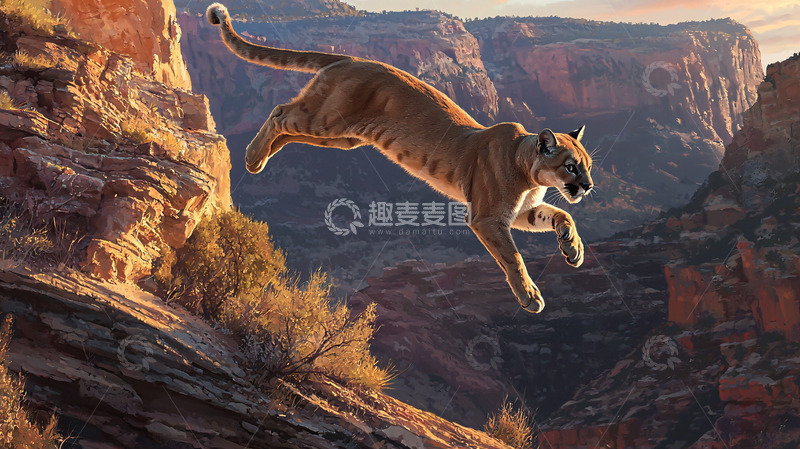 高清大图下载【趣麦麦图】美洲狮跳跃峡谷