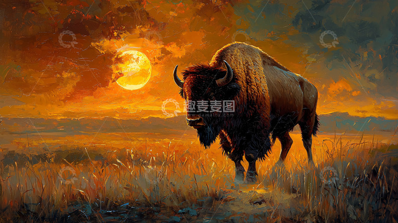 高清大图下载【趣麦麦图】落日余晖下的美洲野牛