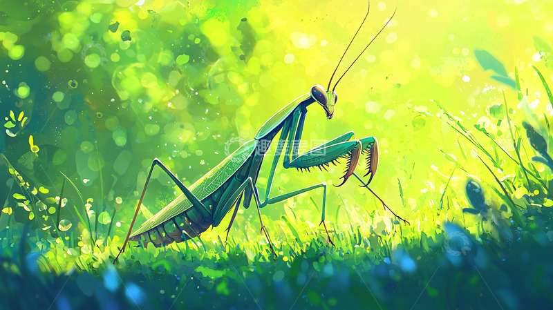 高清大图下载【趣麦麦图】阳光下绿色的螳螂