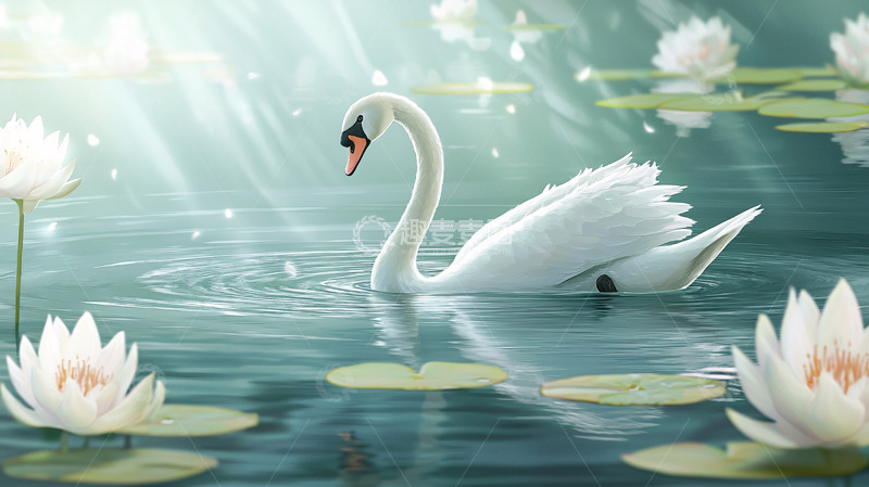 高清大图下载【趣麦麦图】唯美白天鹅荷花图