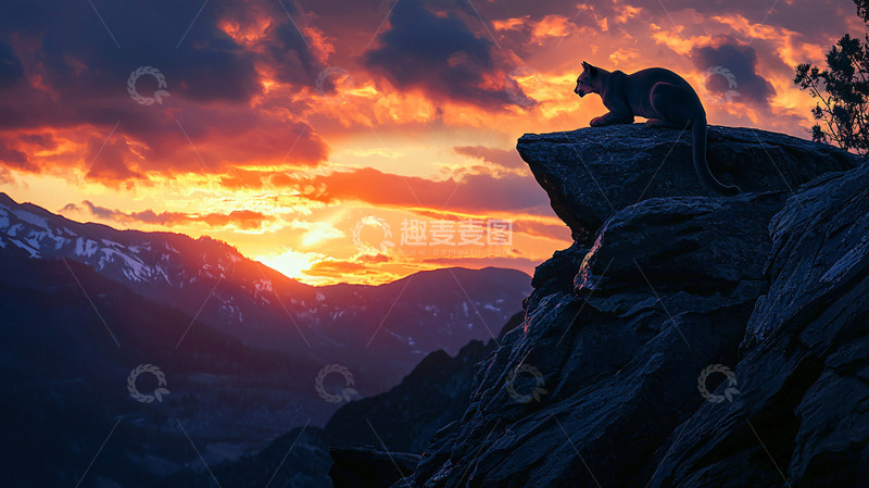 高清大图下载【趣麦麦图】夕阳下美洲狮山崖剪影