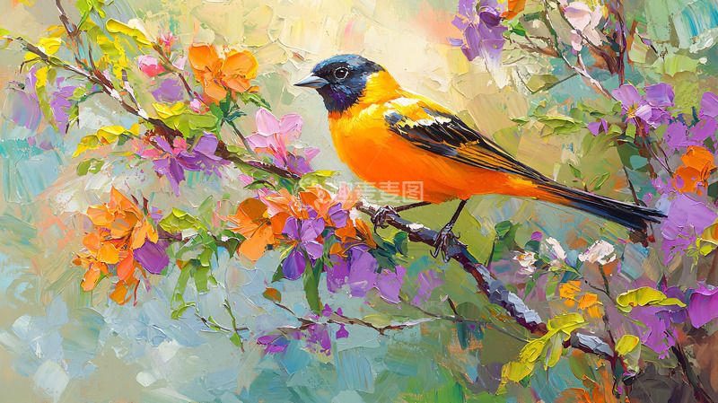 高清大图下载【趣麦麦图】橙色小鸟栖息花枝