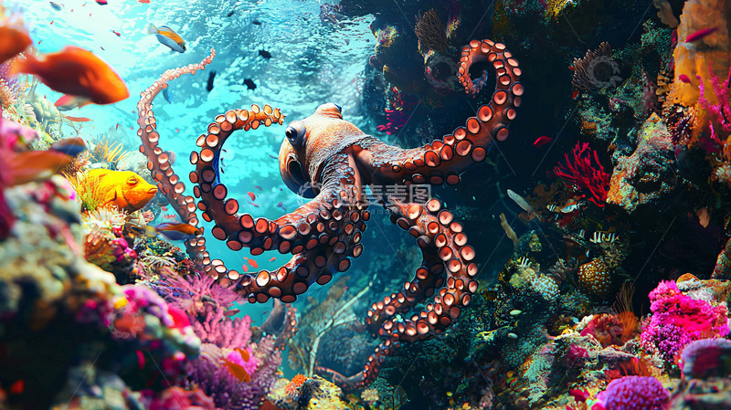 高清大图下载【趣麦麦图】海底珊瑚礁章鱼