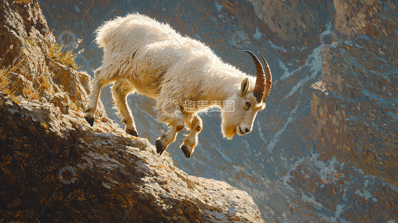 高清大图下载【趣麦麦图】山羊跳跃悬崖峭壁