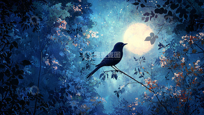 高清大图下载【趣麦麦图】月夜森林小鸟