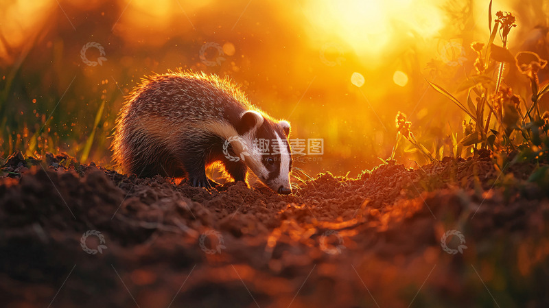 高清大图下载【趣麦麦图】夕阳下的小獾挖土