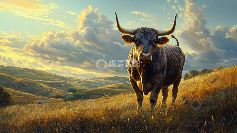 高清大图下载【趣麦麦图】公牛黄昏草原风景