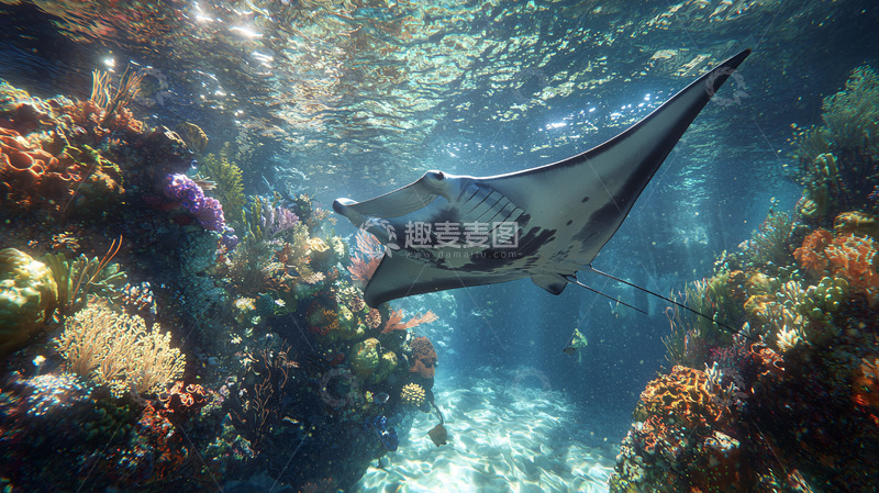 高清大图下载【趣麦麦图】珊瑚礁里的蝠鲼
