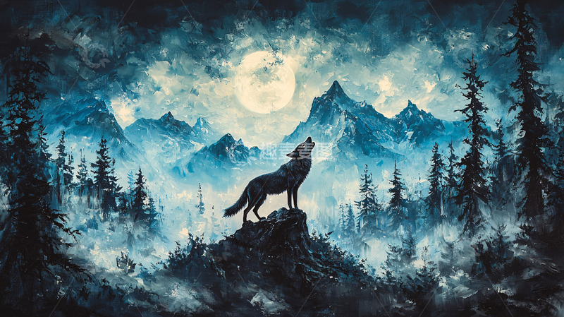 高清大图下载【趣麦麦图】月夜孤狼山峰嚎叫