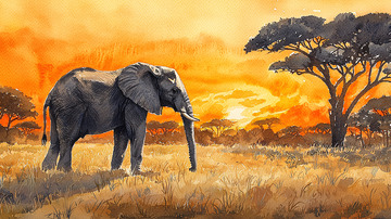 非洲大草原落日下的象