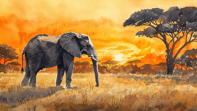 高清大图下载【趣麦麦图】非洲大草原落日下的象