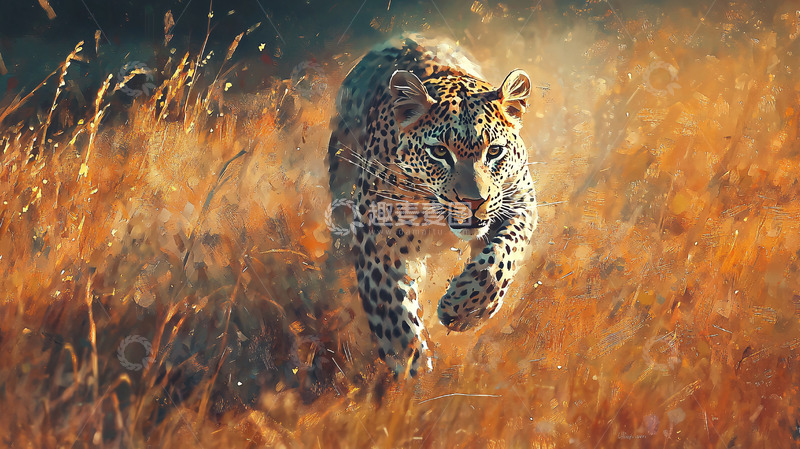 高清大图下载【趣麦麦图】豹子在金色草原上行走
