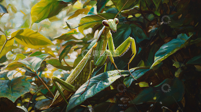 高清大图下载【趣麦麦图】绿叶丛中螳螂