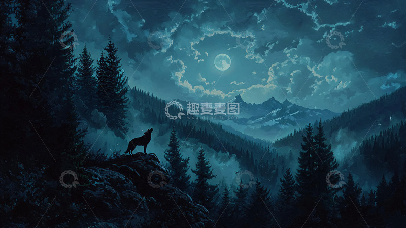 高清大图下载【趣麦麦图】月夜孤狼山峰景色