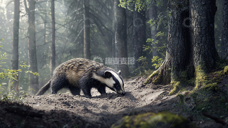 高清大图下载【趣麦麦图】雾气森林中觅食的獾