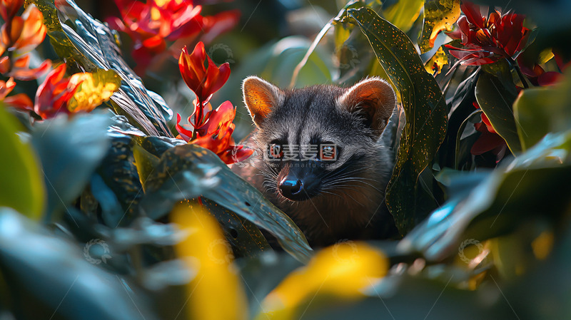 高清大图下载【趣麦麦图】藏在花丛中的小浣熊