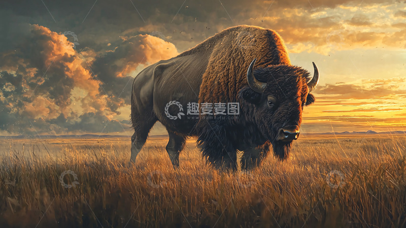高清大图下载【趣麦麦图】落日草原上的美洲野牛