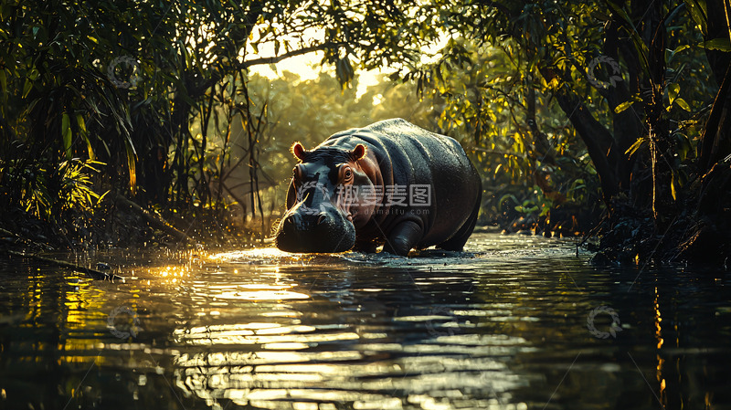 高清大图下载【趣麦麦图】河马在水中黄昏的树林