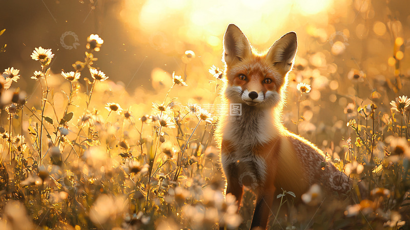 高清大图下载【趣麦麦图】夕阳下红狐在花田
