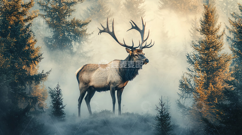 高清大图下载【趣麦麦图】雾中雄鹿高清图片