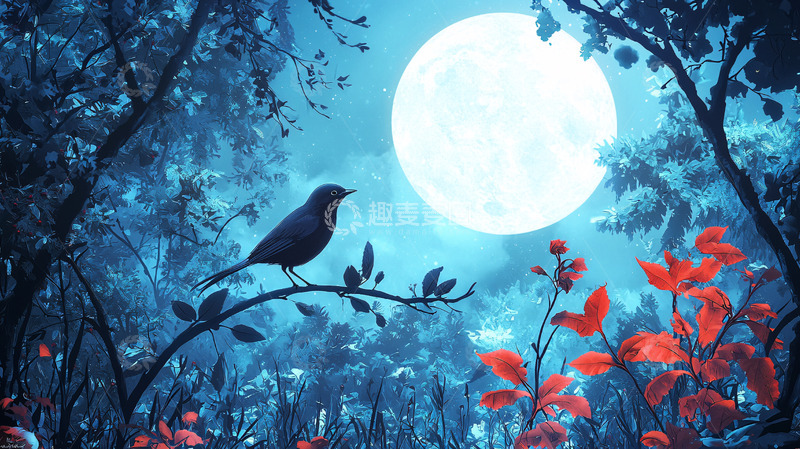 高清大图下载【趣麦麦图】蓝月夜森林小鸟