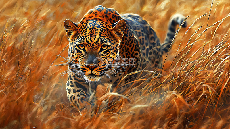 高清大图下载【趣麦麦图】豹子在金色麦田里行走