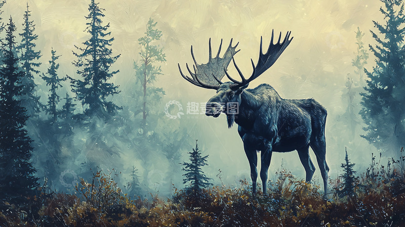 高清大图下载【趣麦麦图】雾中雄鹿高清图片