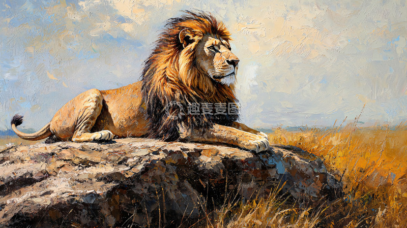 高清大图下载【趣麦麦图】雄狮草原风景油画