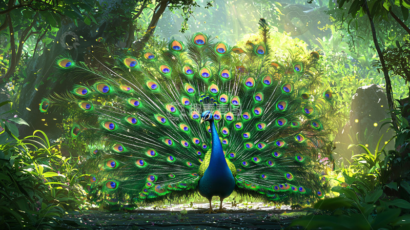 高清大图下载【趣麦麦图】孔雀开屏森林高清壁纸