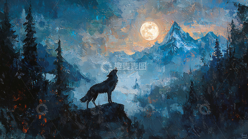 高清大图下载【趣麦麦图】月夜狼嚎山峦景色
