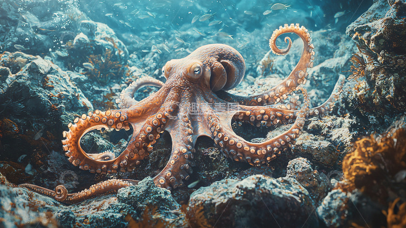 高清大图下载【趣麦麦图】海底岩石上的章鱼