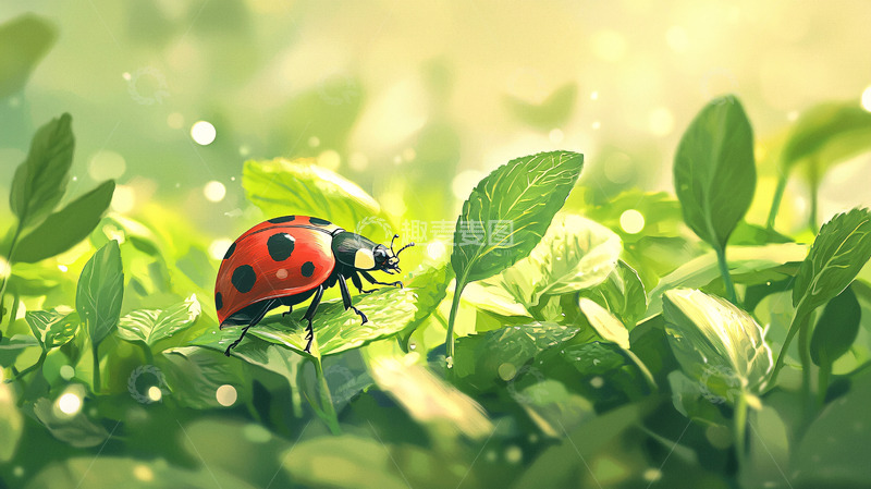 高清大图下载【趣麦麦图】绿叶上的七星瓢虫