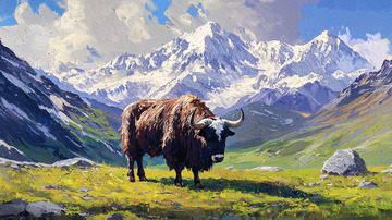雪山牦牛草原风景画