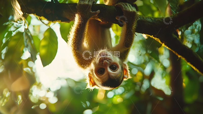 高清大图下载【趣麦麦图】树枝上倒挂的小猴子