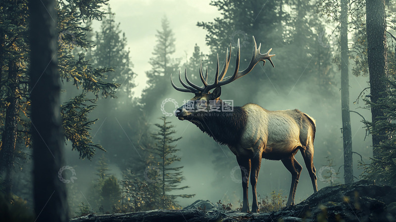 高清大图下载【趣麦麦图】雾气森林雄鹿