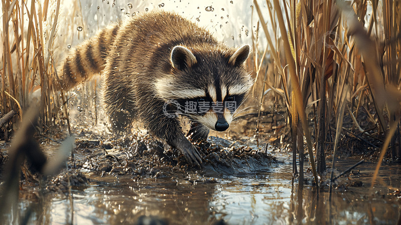高清大图下载【趣麦麦图】浣熊在浅水中觅食