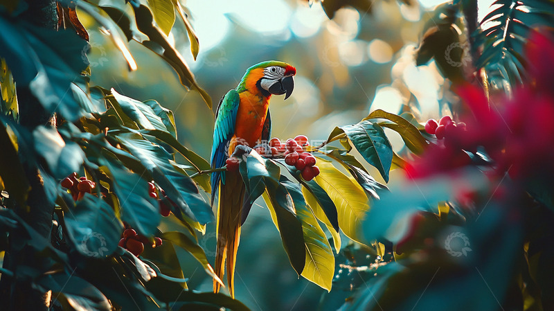 高清大图下载【趣麦麦图】彩虹金刚鹦鹉在树丛中