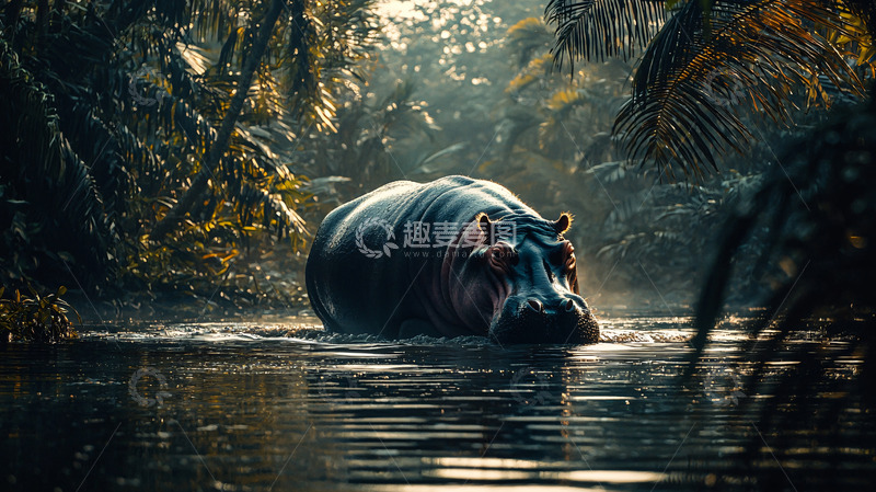 高清大图下载【趣麦麦图】河马在热带雨林的河水中
