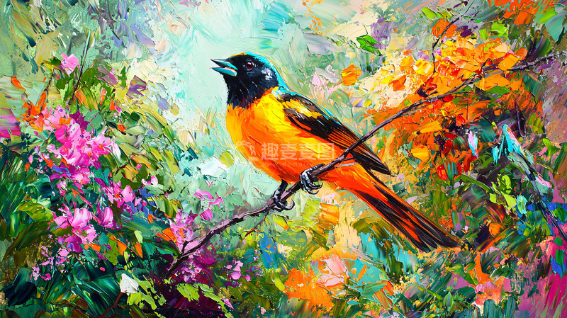 高清大图下载【趣麦麦图】橙色小鸟栖息枝头