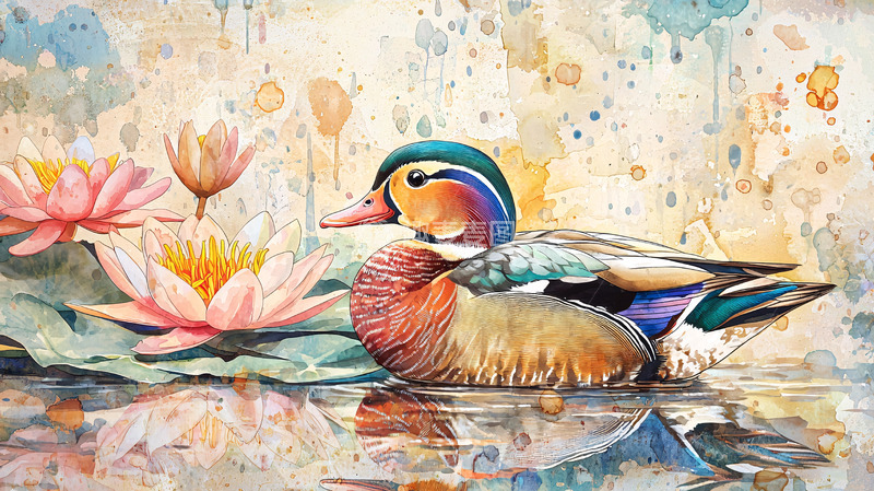 高清大图下载【趣麦麦图】水彩画鸳鸯荷花