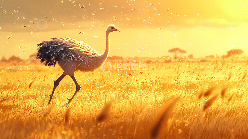 高清大图下载【趣麦麦图】非洲草原夕阳下的鸵鸟