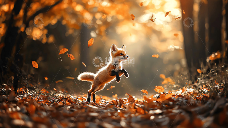 高清大图下载【趣麦麦图】秋天森林里跳跃的小狐狸