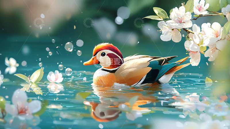 高清大图下载【趣麦麦图】春意盎然鸳鸯戏水图