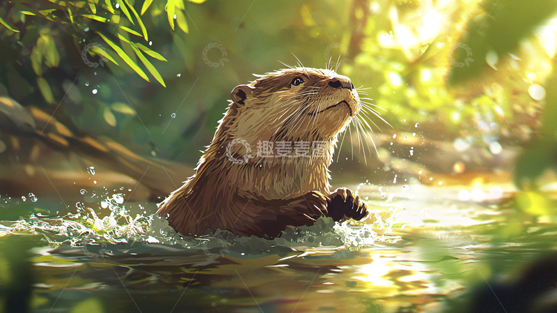 高清大图下载【趣麦麦图】阳光下河边嬉戏的水獭